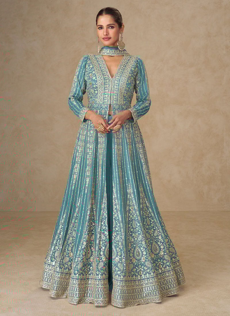 Teal Blue Chinon Silk Zari Embroidered Sequins A Line High Slit Anarkali Suit Wedding Wear