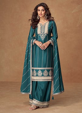 Teal Blue Chinon Silk Zari Embroidered Sequins Palazzo Suit