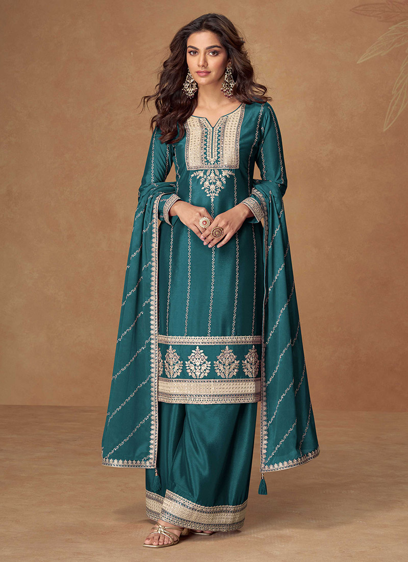 Teal Blue Chinon Silk Zari Embroidered Sequins Palazzo Suit