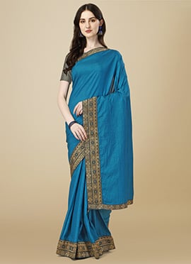 Teal Blue Color Zari Work Silk Saree