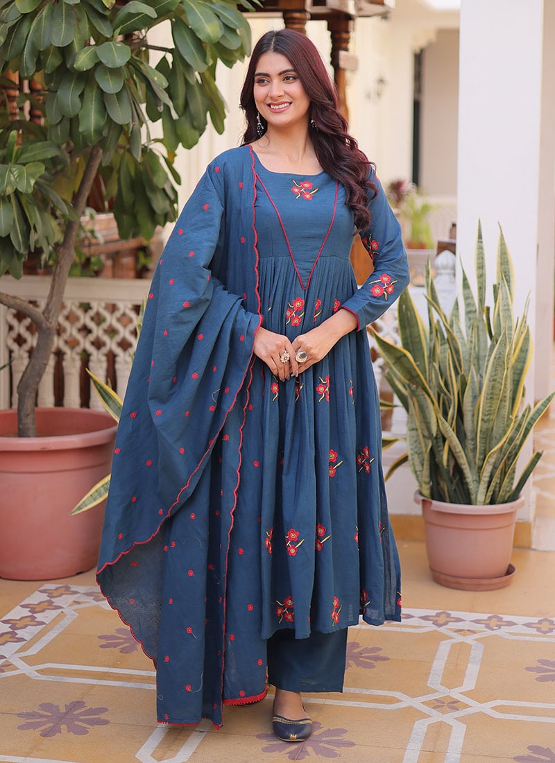 Teal Blue Cotton Embroidered Anarkali Suit After Six Wear