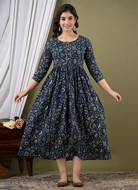 Teal Blue Cotton Printed Dress