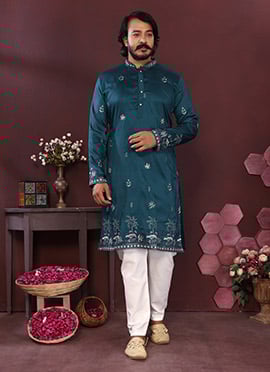 Teal Blue Cotton Silk Embroidered Sequins Kurta Pyjama