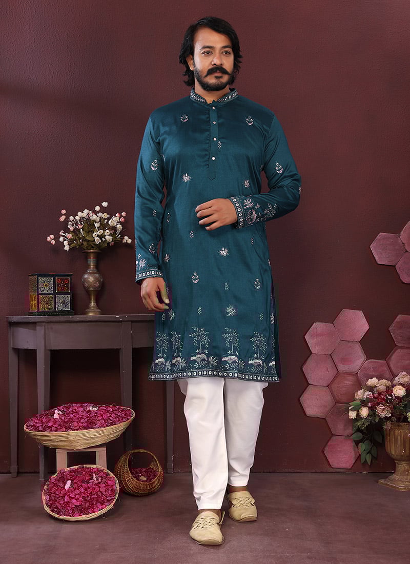 Teal Blue Cotton Silk Embroidered Sequins Kurta Pyjama Festive Wear