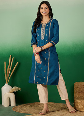 Teal Blue Cotton Zari Sequins Long Kurti