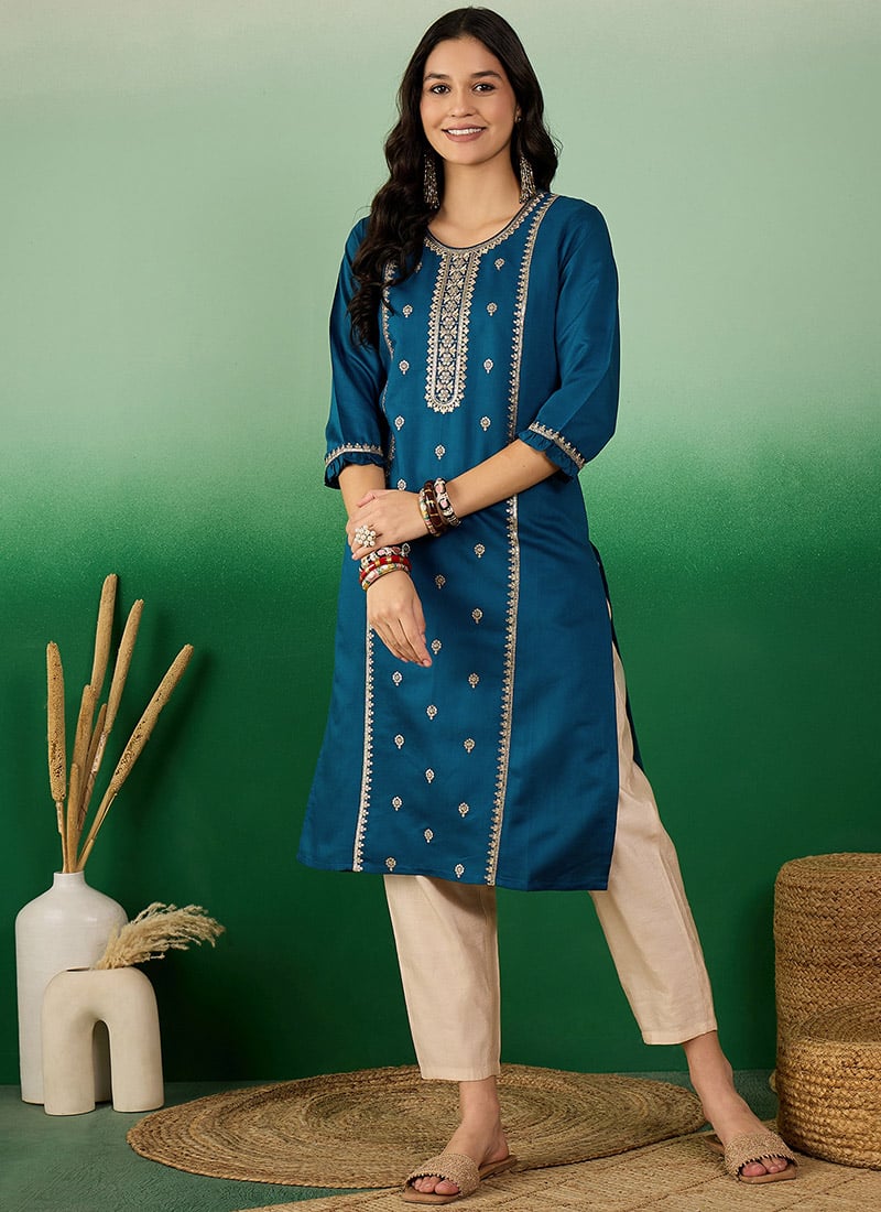 Teal Blue Cotton Zari Sequins Long Kurti