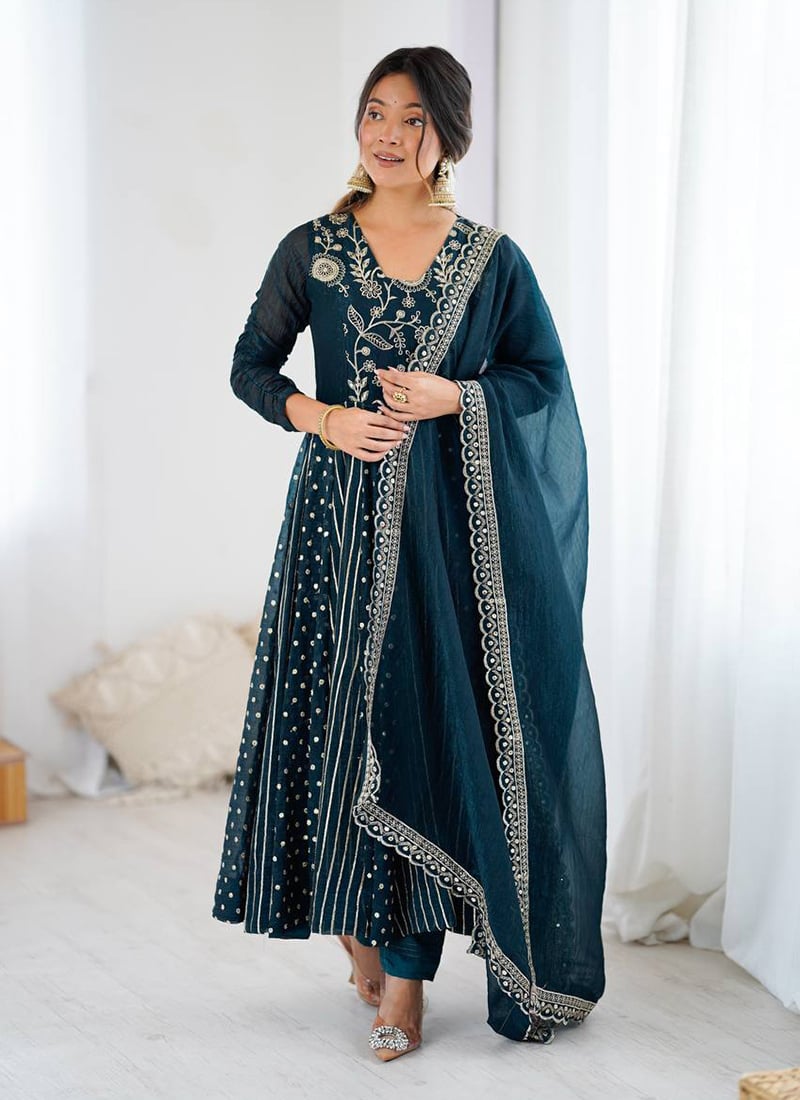 Teal Blue Crunchy Silk Zari Embroidered Sequins Anarkali Suit Festive Wear
