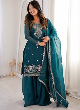 Teal Blue Crunchy Silk Zari Embroidered Sequins Palazzo Suit