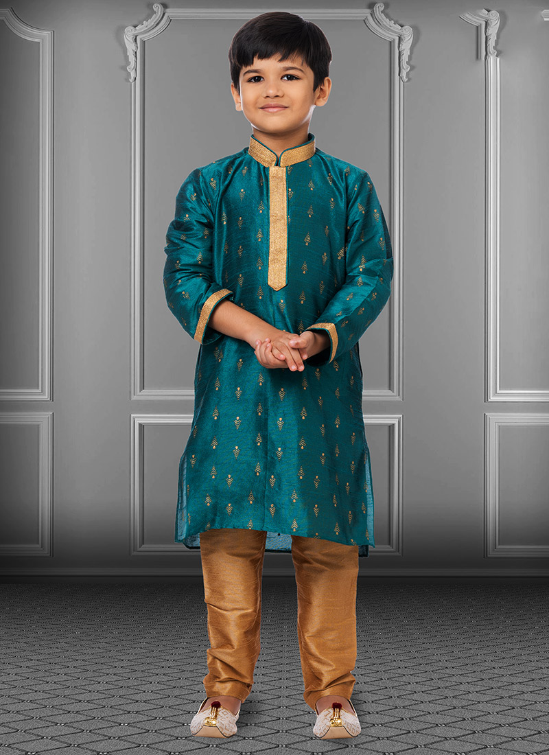 Teal Blue Dhupion Silk Foil Printed Boys Kurta Pyjama  Party Wear