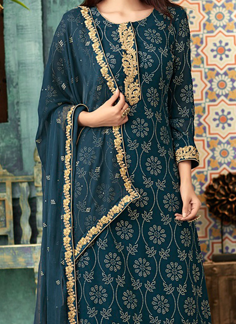 Teal Designer Semi-Stitched Palazzo Suit With Embroidery Sequins Work