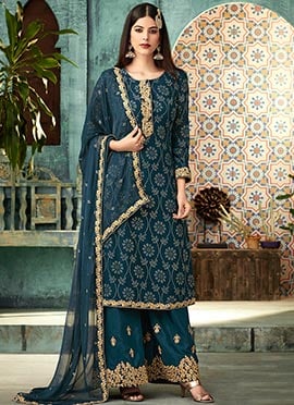 Teal Blue Embroidered Palazzo Suit