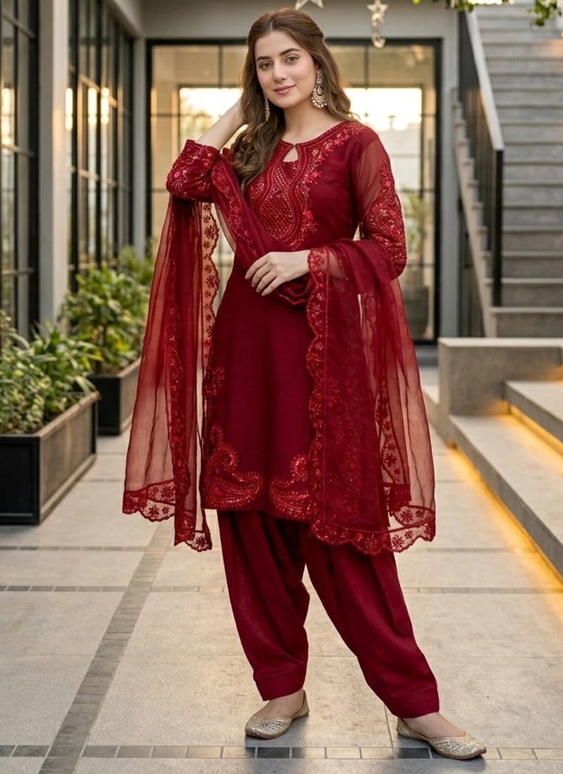 Teal Blue Embroidered Sequins Silk Salwar Suit Festive Wear