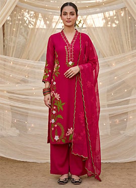 Teal Blue Embroidered Silk Palazzo Suit
