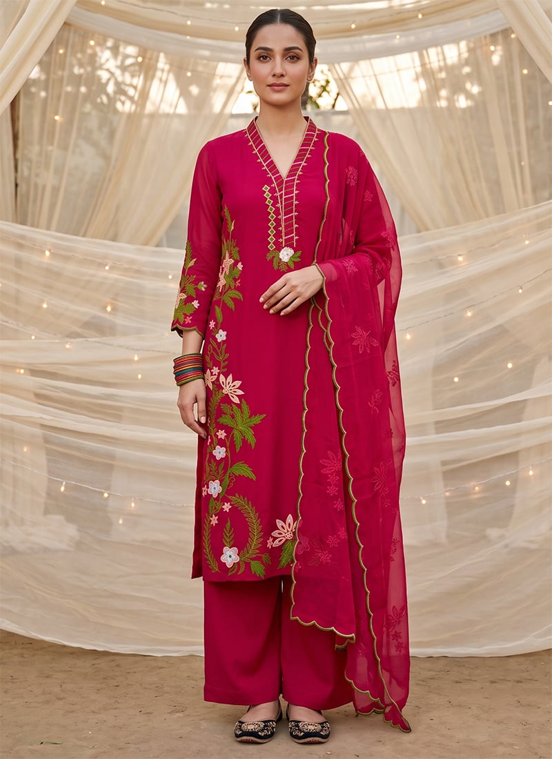 Teal Blue Embroidered Silk Palazzo Suit Festive Wear