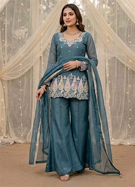 Teal Blue Embroidered Silk Palazzo Suit