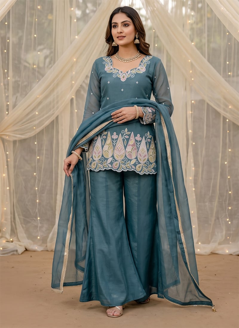 Teal Blue Embroidered Silk Palazzo Suit Festive Wear