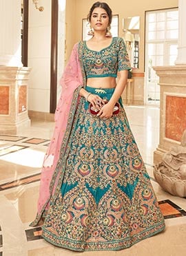 Teal Blue Embroidery Sequins Zari Work Velvet A Line Lehenga