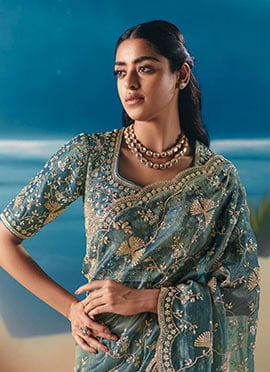 Teal Blue Fancy Silk Zari Embroidered Sequins With Beads Work Saree