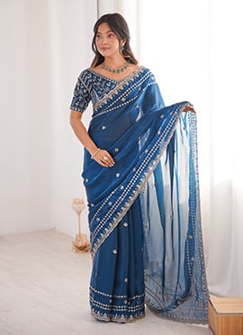Teal Blue Fandy Silk Embroidered Sequins Saree