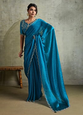 Teal Blue Faux Chiffon Stones Saree Festive Wear