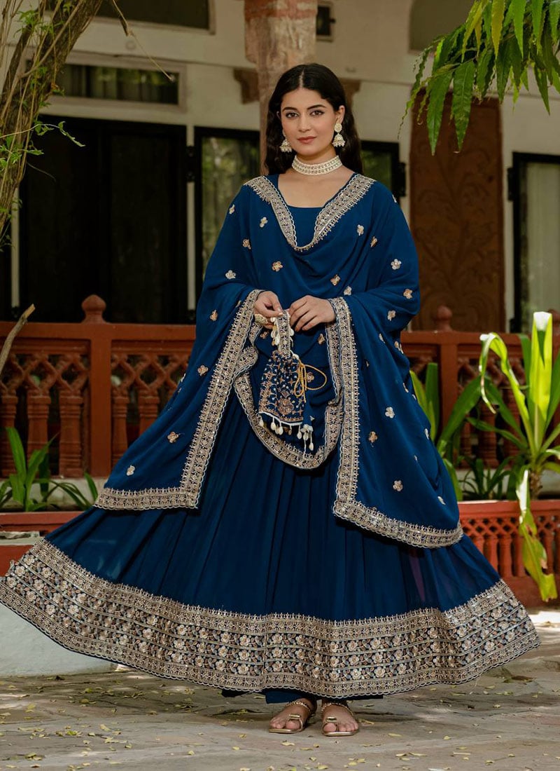 Teal Blue Faux Georgette Embroidered Sequins Anarkali Suit Festive Wear