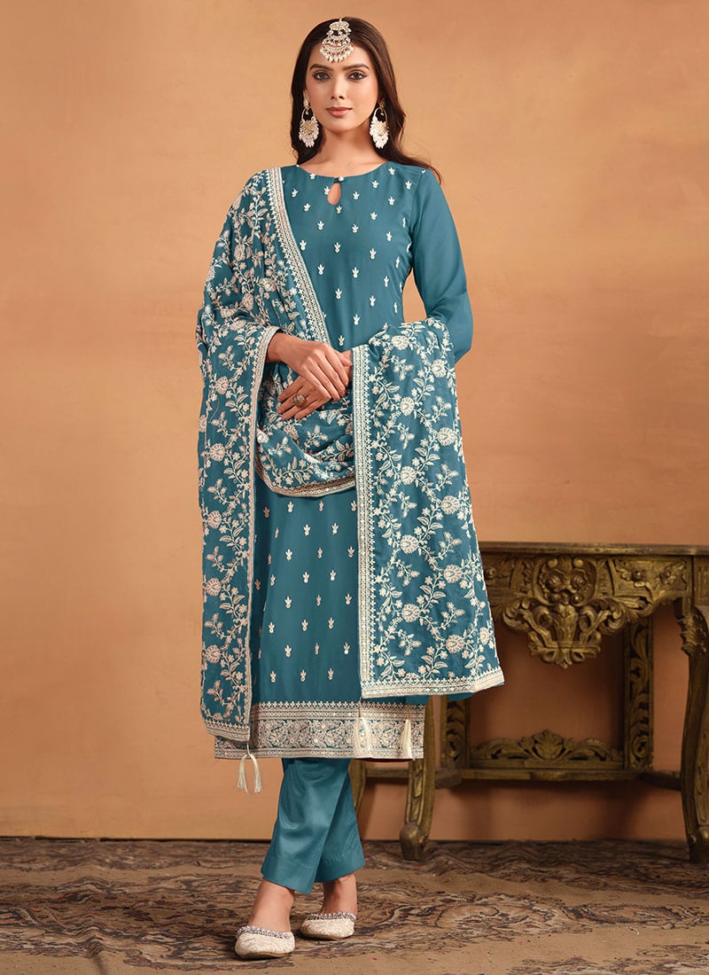 Teal Blue Faux Georgette Embroidered Straight Pant Suit Party Wear