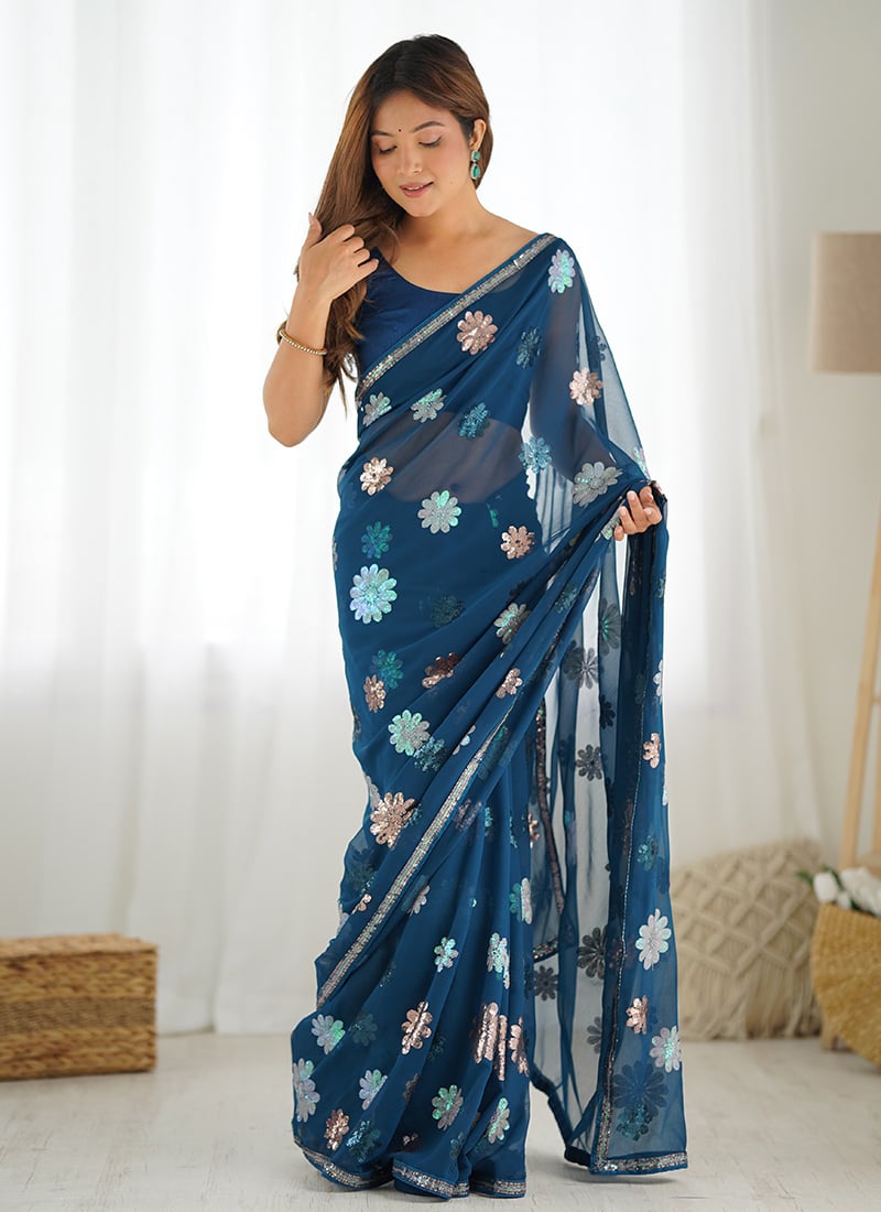 Teal Blue Faux Georgette Sequins Ravishing Saree After Six Wear