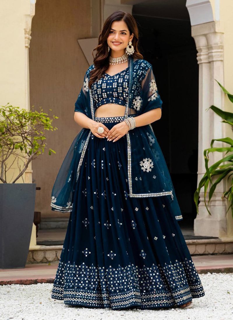Teal Blue Faux Georgette Zari Sequins Embroidered Thread A Line Lehenga Wedding Wear