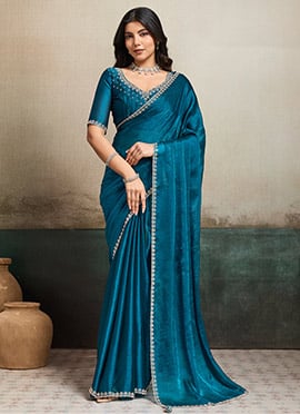 Teal Blue Fendy Chiffon Stones Saree