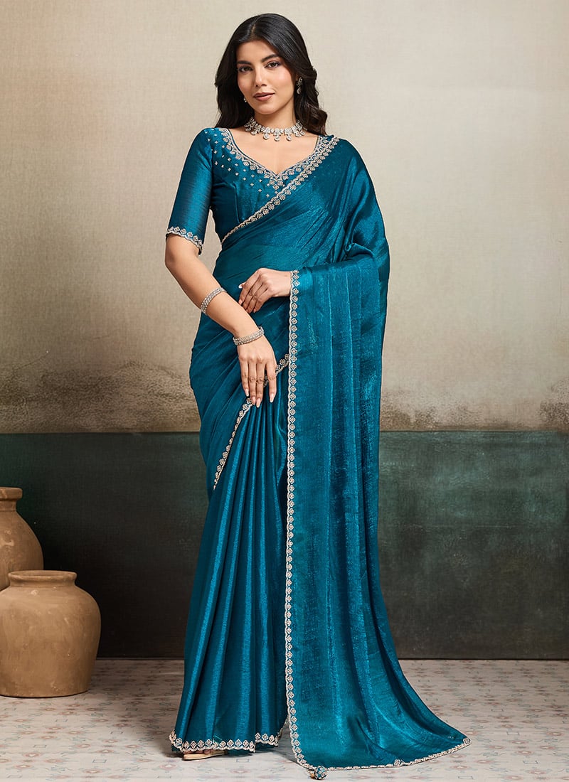 Teal Blue Fendy Chiffon Stones Saree After Six Wear