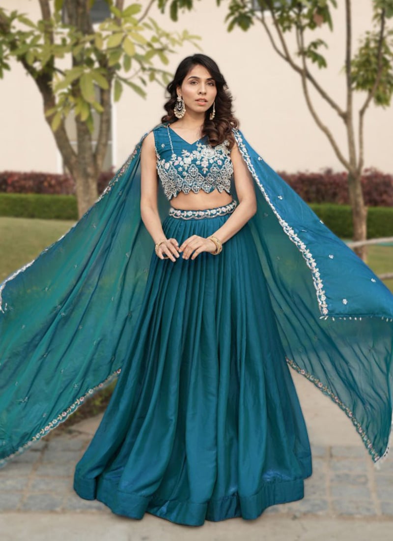 Teal Blue Fendy Silk Embroidered Sequins Lehenga Wedding Wear
