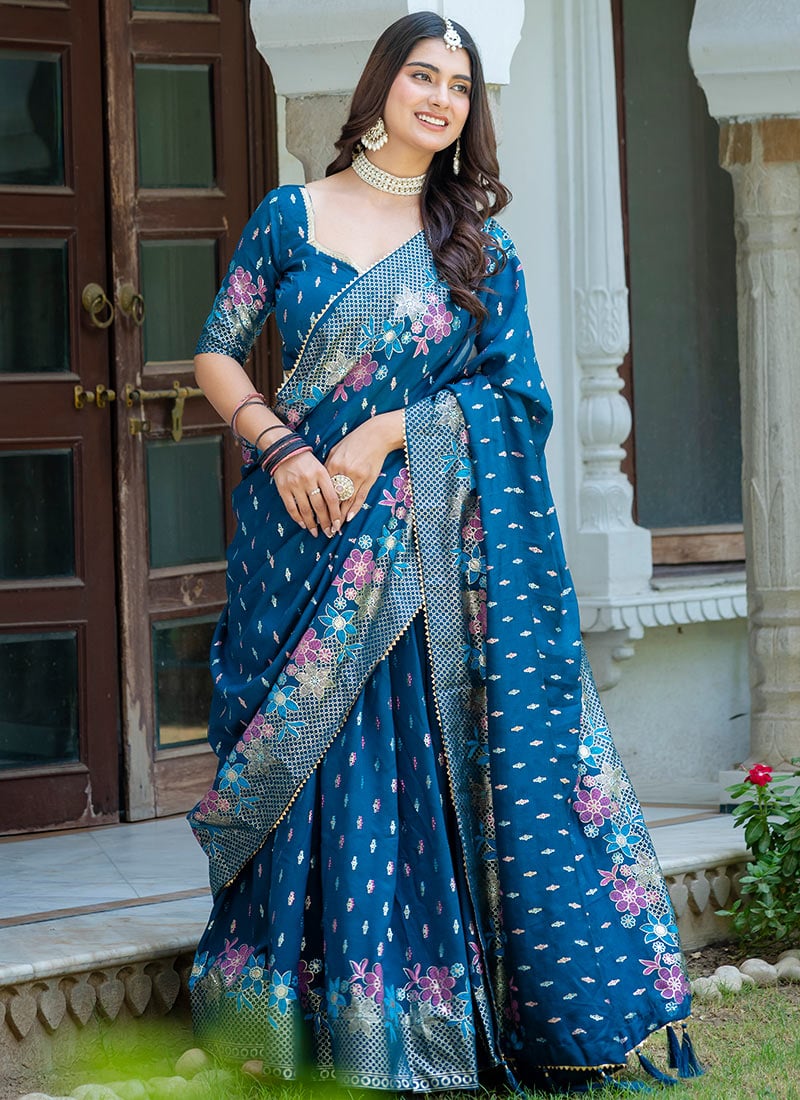 Teal Blue Floral Foil Printed Vichitra Silk Lehenga Festive Wear