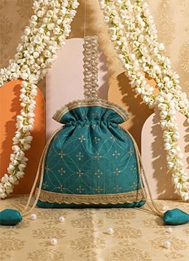 Teal Blue Foil Print Art Silk Potli Bag