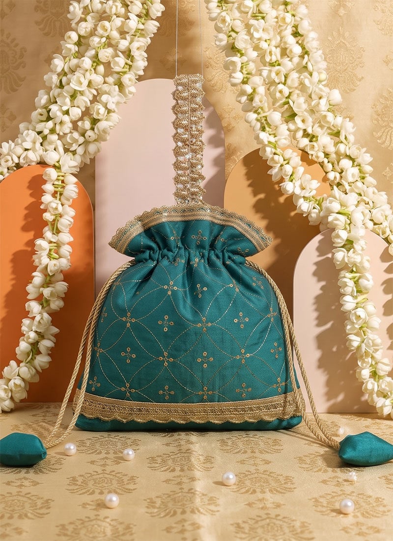 Teal Blue Foil Print Art Silk Potli Bag