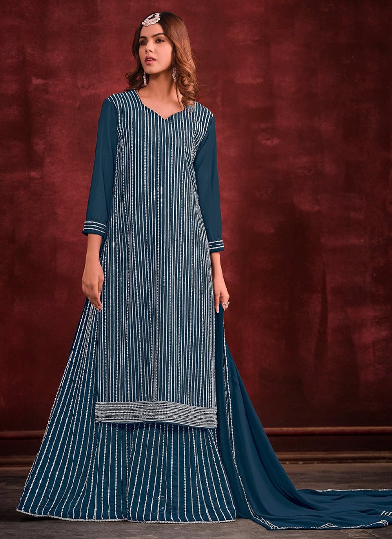 Teal Blue Georgette Embroidered Palazzo Suits For Classic Wear