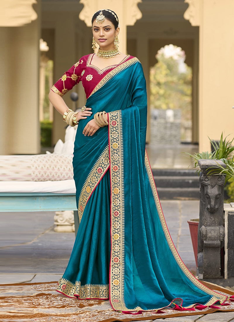 Teal Blue Georgette Embroidered Saree