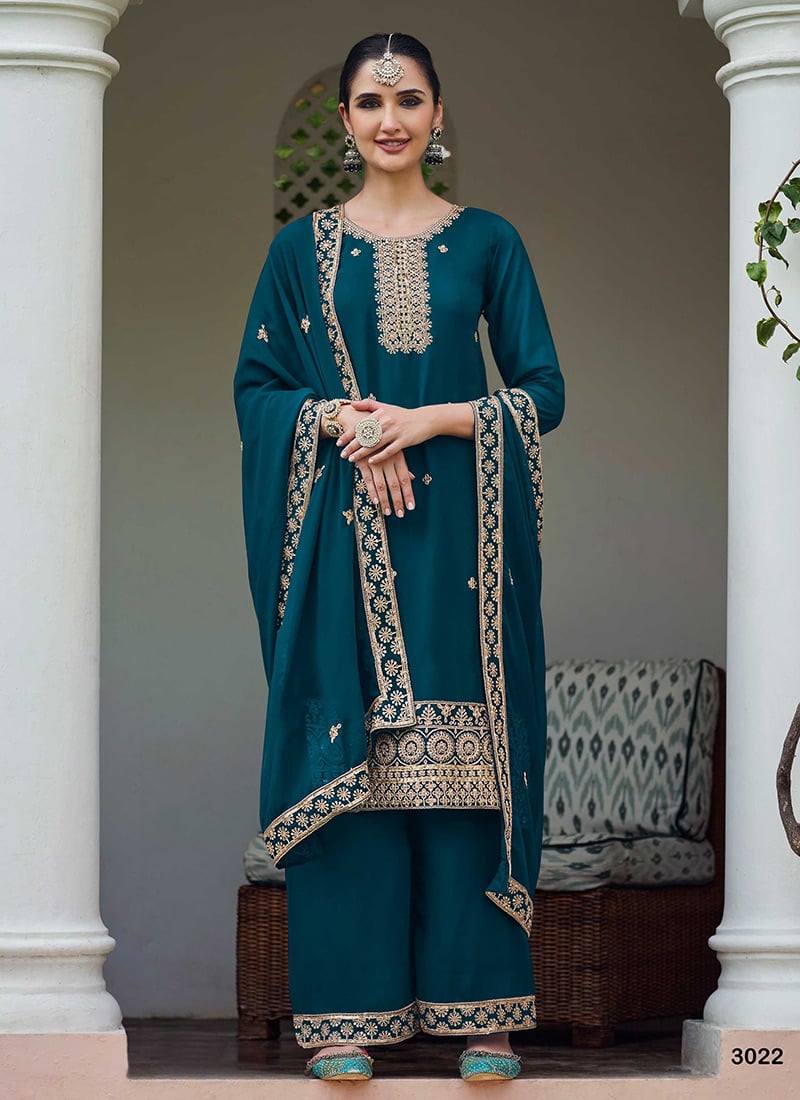 Teal Blue Georgette Embroidered Sequins Palazzo Suit A Statement Of Grace Festive Wear