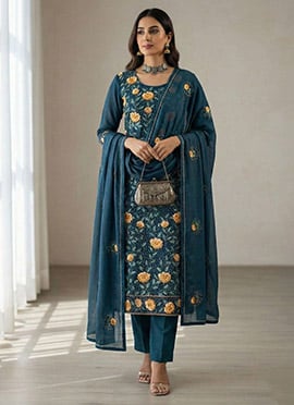 Teal Blue Georgette Embroidered Sequins Thread Straight Pant Suit