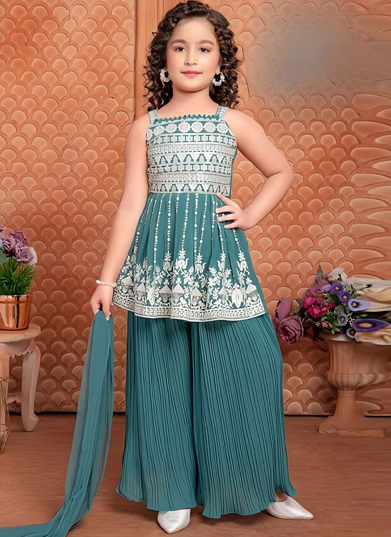 Teal Blue Georgette Embroidered Sharara Suit For Kids Girls