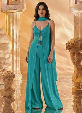 Teal Blue Georgette Hand Embroidered Sequins With Beads Work Palazzo Suit