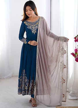 Teal Blue Georgette Sequins Embroidered Anarkali Suit