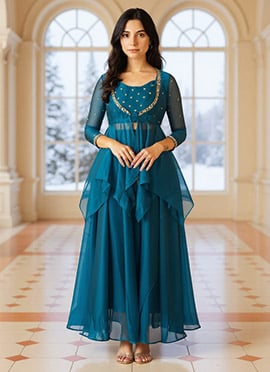 Teal Blue Georgette Sequins Hand Embroidered Indowestern Jacket Skirt Set