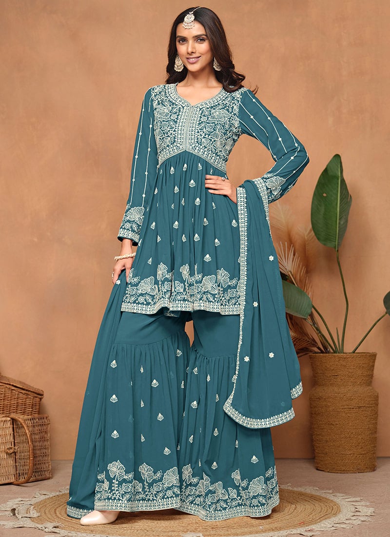 Teal Blue Georgette Sharara Suit With Embroidered Sequins Festive Wear