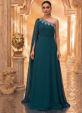 Teal Blue Georgette Zardosi Embroidered Sequins With Stones Indo Western Gown