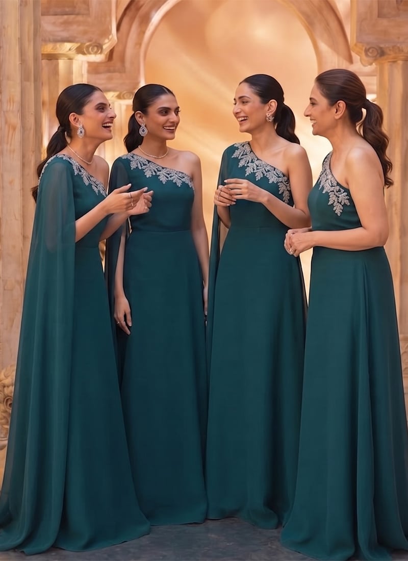 Teal Blue Georgette Zardosi Embroidered Sequins With Stones Indo Western Gown After Six Wear