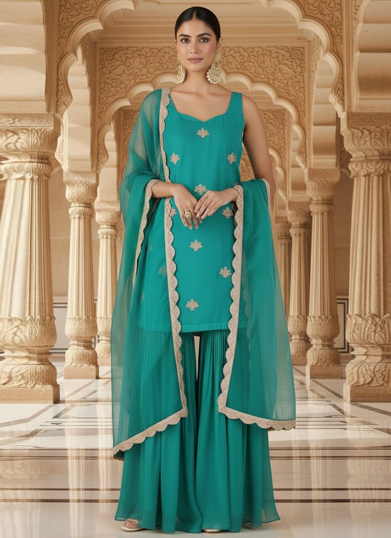 Teal blue Georgette Zari And Sequins Hand Embroidered Palazzo Suit Festive Wear