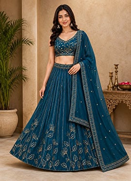 Teal Blue Georgette Zari Embroidered Sequins Lehenga