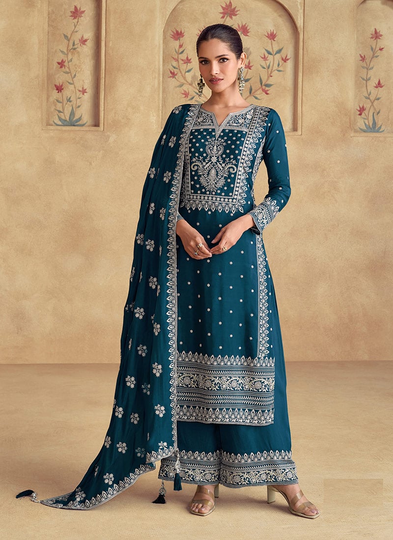 Teal Blue Georgette Zari Embroidered Sequins Palazzo Suit Festive Wear