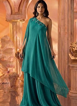 Teal Blue Georgette Zari Embroidered Sequins With Stone Work Indo Western Set