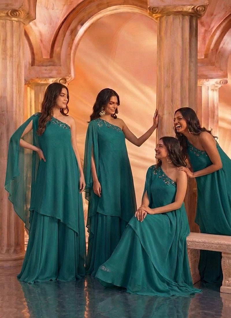 Teal Blue Georgette Zari Embroidered Sequins With Stone Work Indo Western Set After Six Wear
